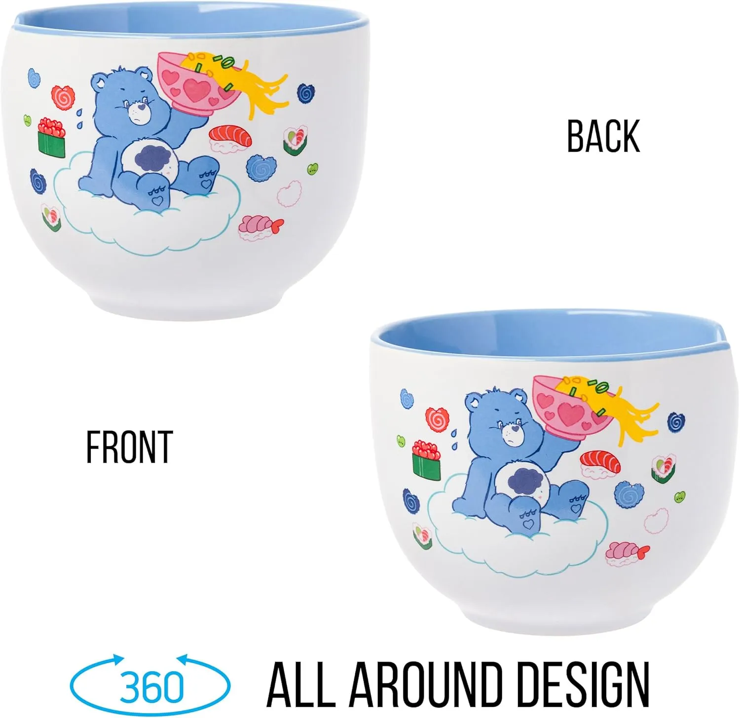 Silver Buffalo Care Bears Food Sushi Ceramic Ramen Noodle Rice Bowl with Chopsticks, Microwave Safe, 20 Ounces