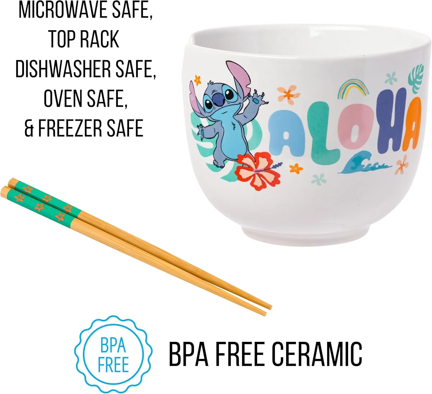 Silver Buffalo Disney Lilo and Stitch Aloha Tropical Ceramic Ramen Noodle Rice Bowl with Chopsticks, Microwave Safe, 20 Ounces