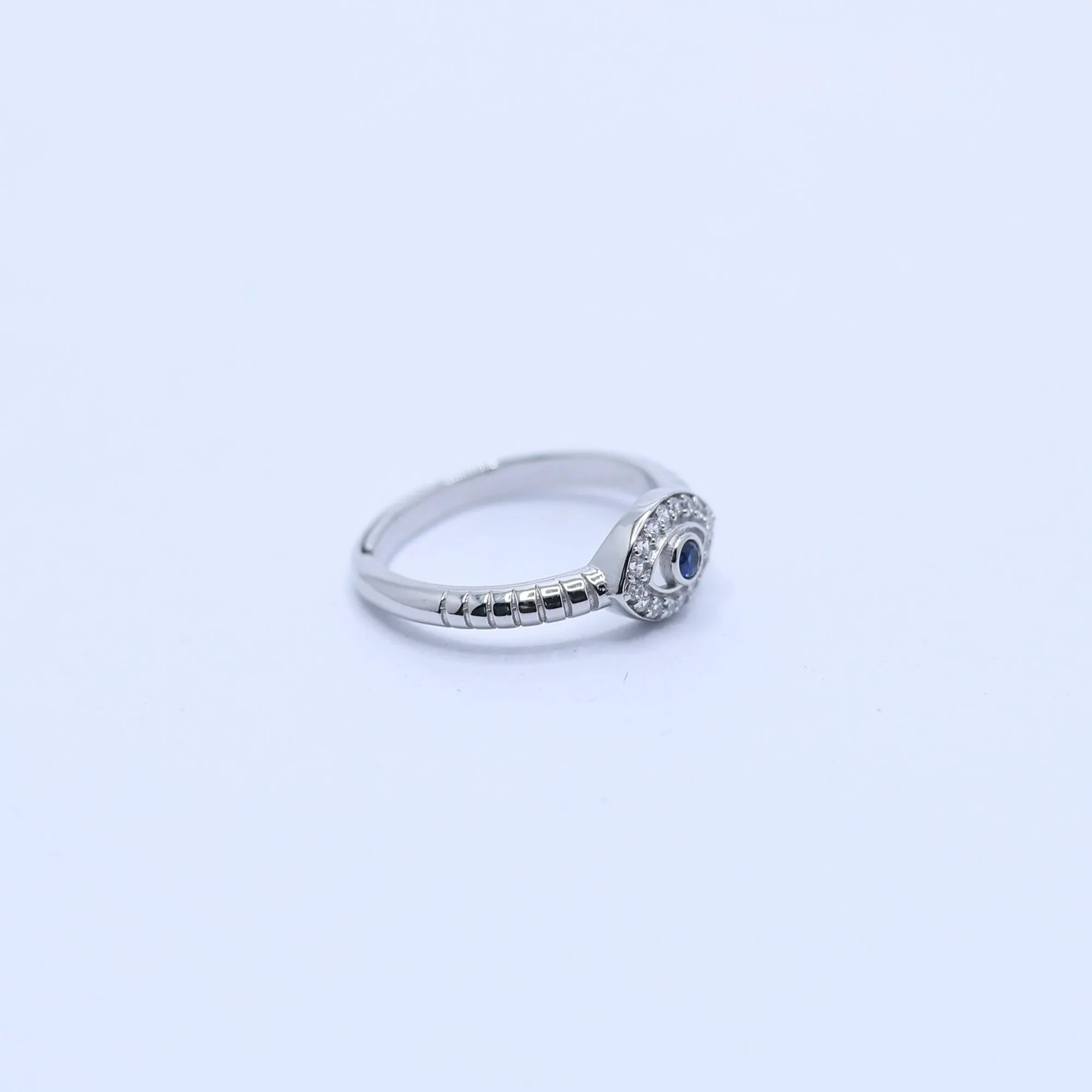 Silver Small Blue Sapphire Center Stone Adjustable Textured Ridged Band Evil Eye White Gold Ring For Woman