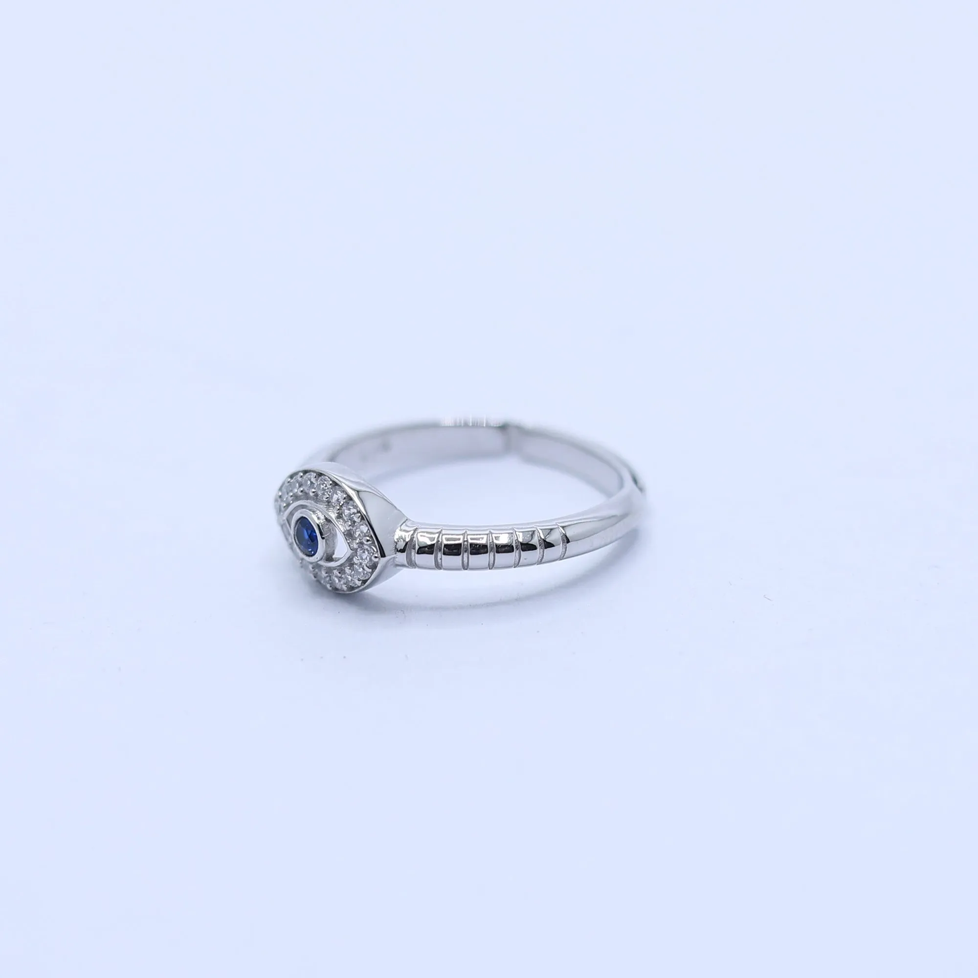 Silver Small Blue Sapphire Center Stone Adjustable Textured Ridged Band Evil Eye White Gold Ring For Woman