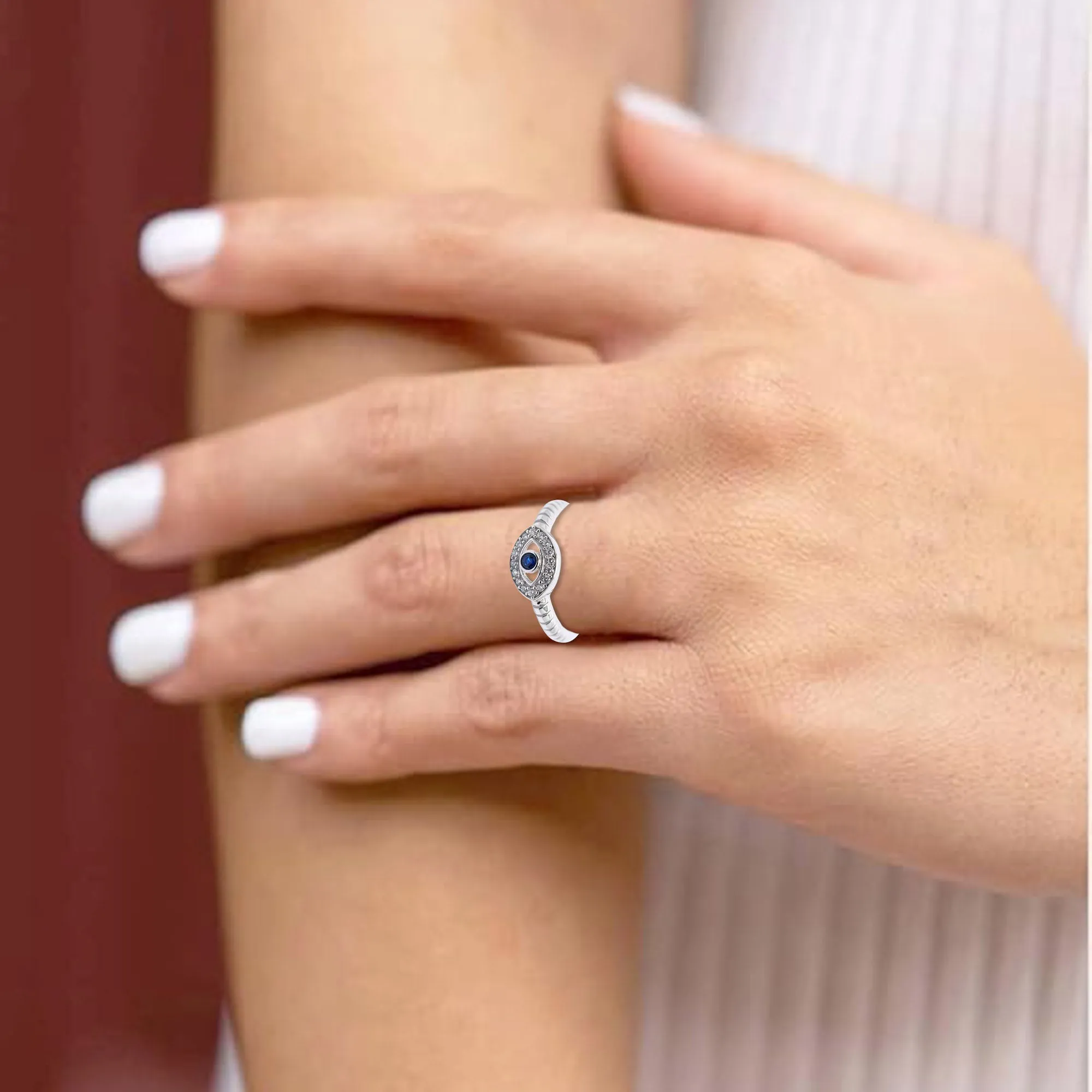 Silver Small Blue Sapphire Center Stone Adjustable Textured Ridged Band Evil Eye White Gold Ring For Woman