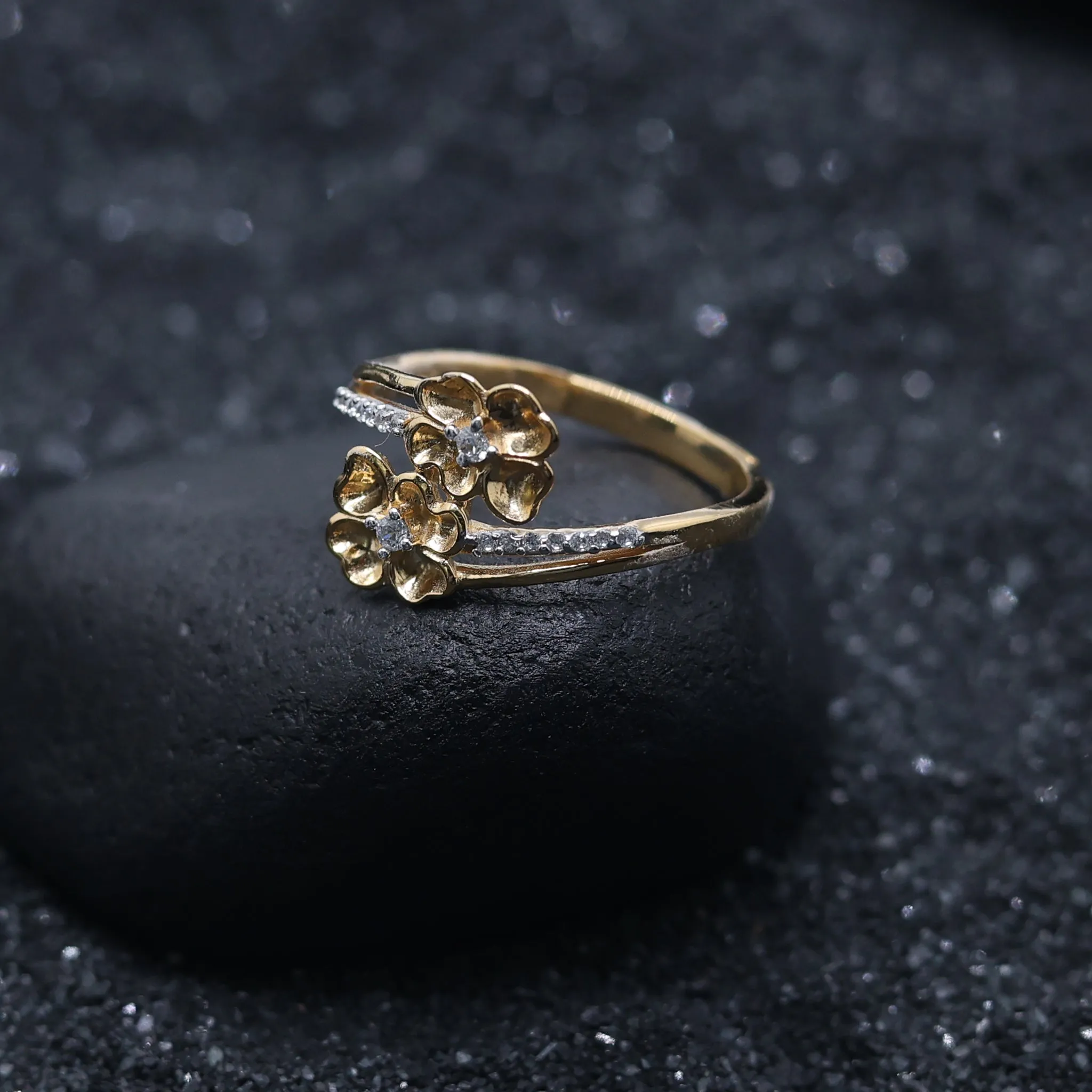 Silver Yellow Gold Adjustable Dual Floral Cluster Diamond Accents Ring for Women