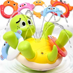 Sizobi Baby Bath Toys, Rechargeable Turtle Bath Toy Sprinkler for Kids Toddler with 5 Rings, Bathtub Fountain Spray Toy for Baby, Pool Water Table Bath Toys for Kids Ages 1-3 4 5 6 Year Old Boys Gifts