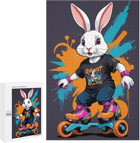 Skateboarding with Rabbit-1000 Piece Jigsaw Puzzle Fun and Challenging Activities,Animals Bright Colors,Skateboarding with Rabbit Jigsaw Puzzle for Adults and Home Decoration