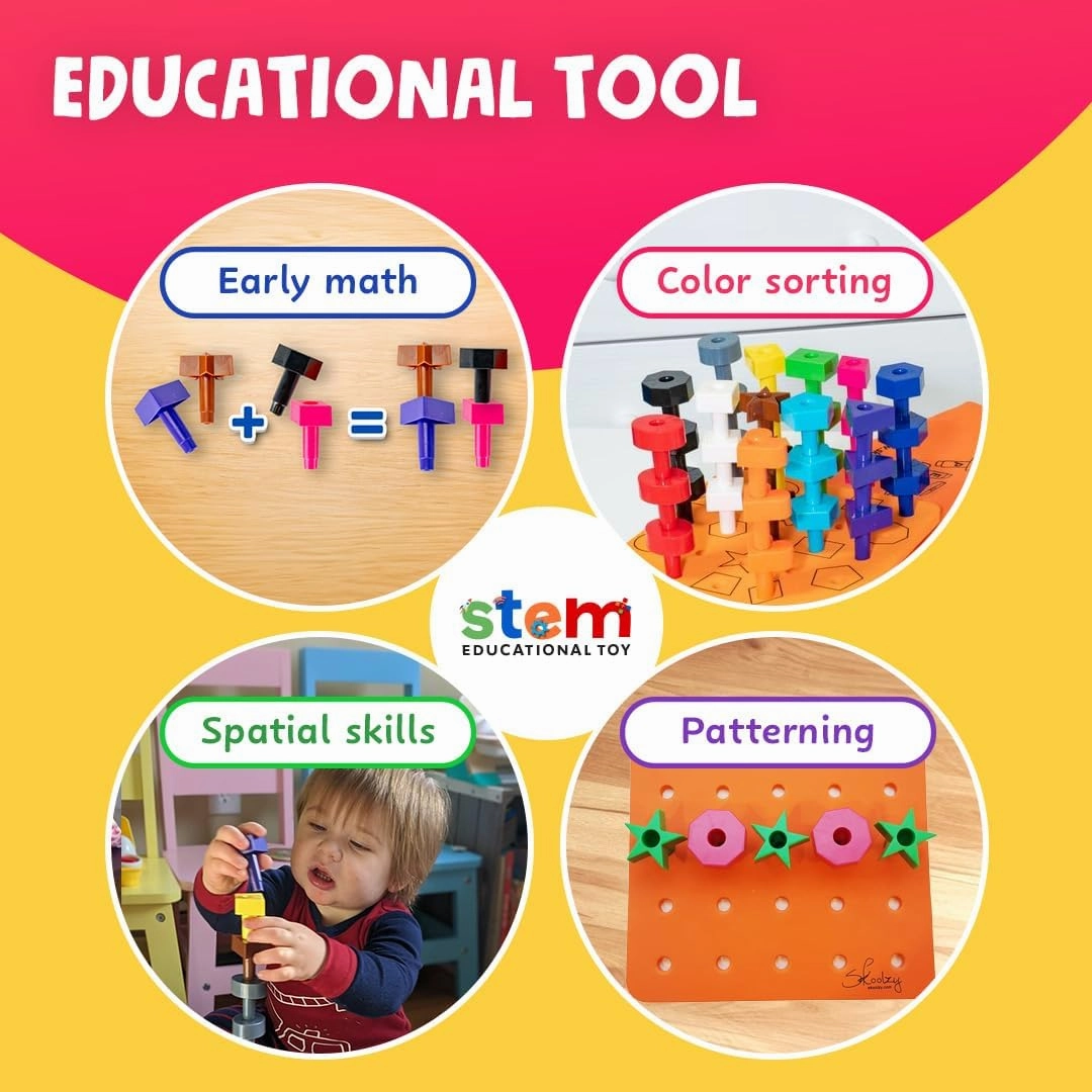 Skoolzy Toddler Peg Board 38 pcs with ebook - Pegboard for Toddlers - Stacking Peg Board - Color Matching & Shape Recognition Toy for Toddlers 3 