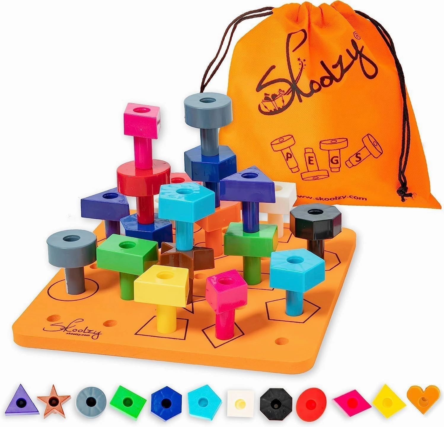 Skoolzy Toddler Peg Board 38 pcs with ebook - Pegboard for Toddlers - Stacking Peg Board - Color Matching & Shape Recognition Toy for Toddlers 3 