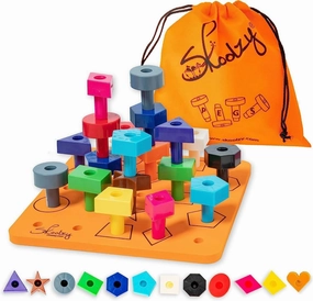 Skoolzy Toddler Peg Board 38 pcs with ebook - Pegboard for Toddlers - Stacking Peg Board - Color Matching & Shape Recognition Toy for Toddlers 3 