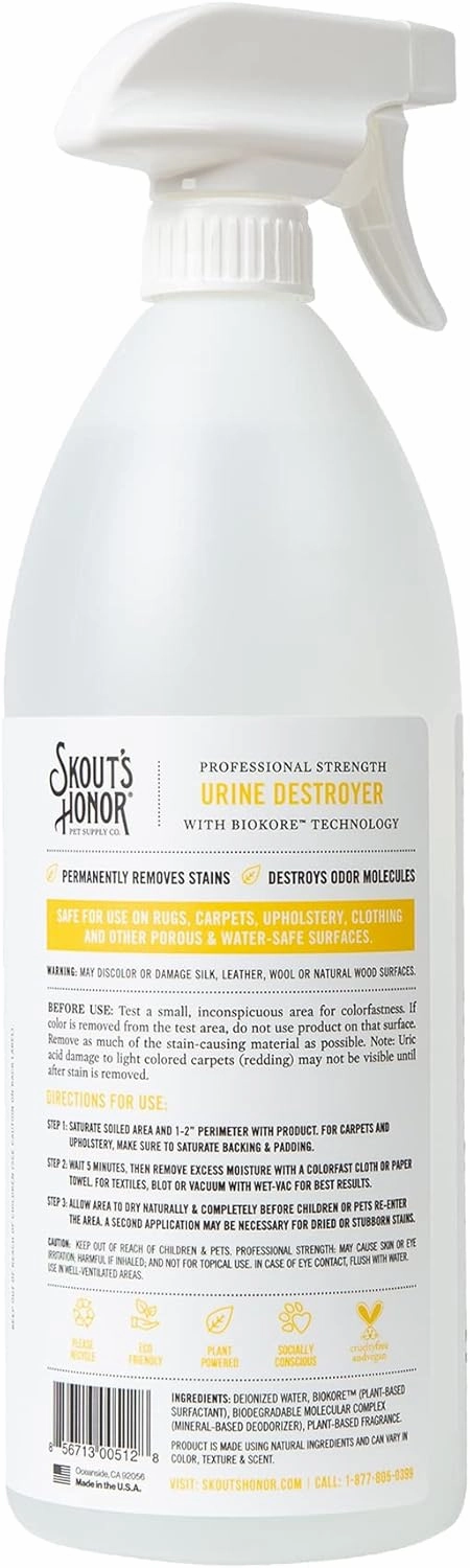Skout's Honor Dog Urine Destroyer, Professional Strength, Plant-Powered, Cruelty-Free Urine Eliminator for Carpets and Indoor Living Spaces, 35 oz