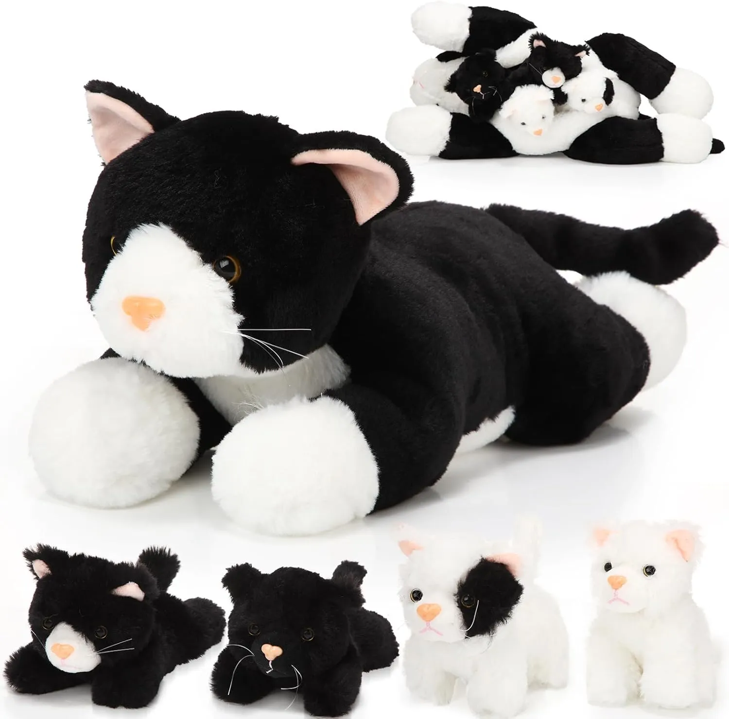 Skylety 5 Pieces Cat Stuffed Animal with Babies Inside Belly Pregnant Cat Plush Mommy Kitty with 4 Cute Fluffy Stuffed Kittens Easter Birthday Surprise Gifts(Black, White)