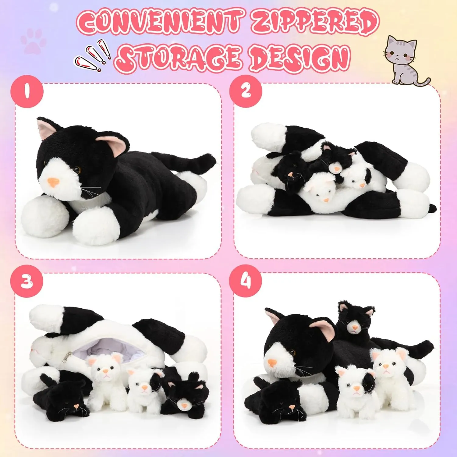 Skylety 5 Pieces Cat Stuffed Animal with Babies Inside Belly Pregnant Cat Plush Mommy Kitty with 4 Cute Fluffy Stuffed Kittens Easter Birthday Surprise Gifts(Black, White)