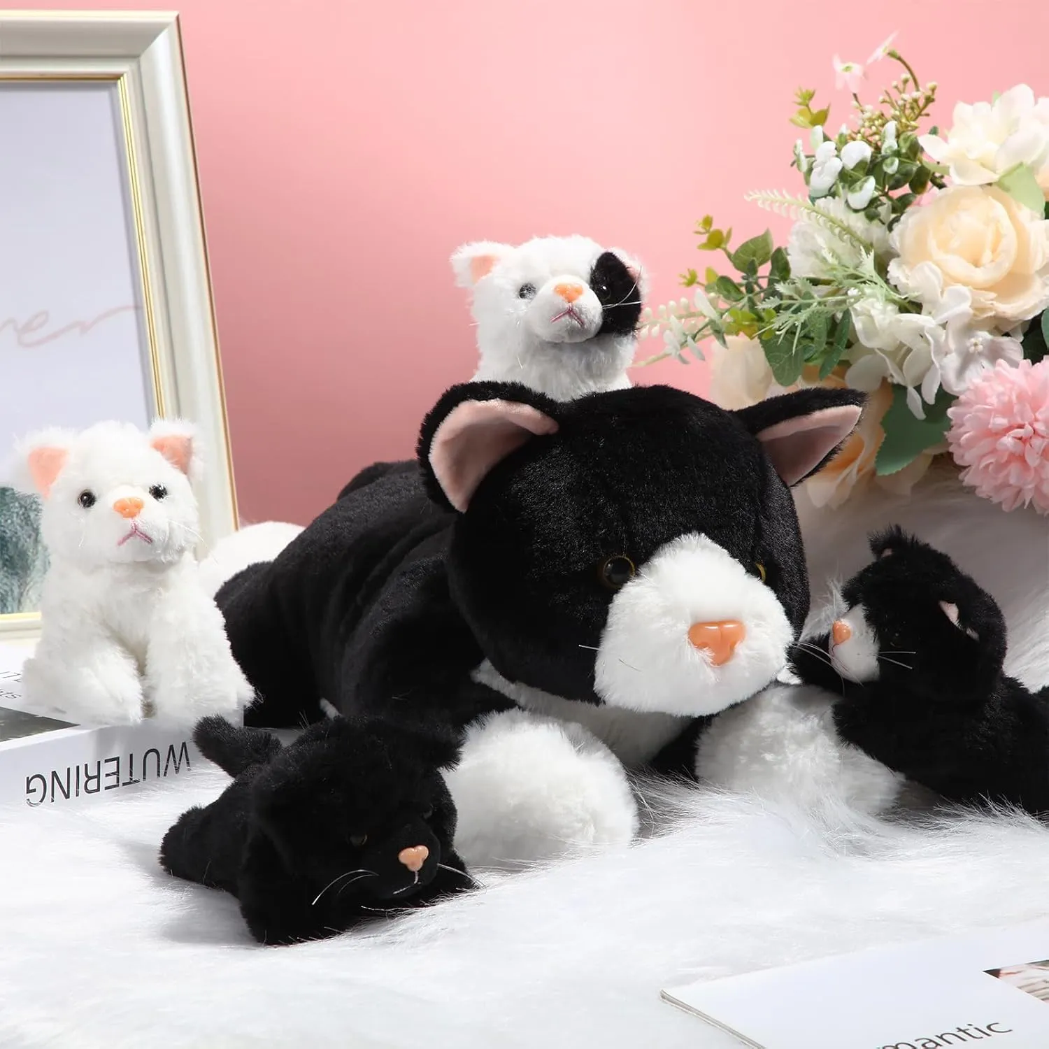 Skylety 5 Pieces Cat Stuffed Animal with Babies Inside Belly Pregnant Cat Plush Mommy Kitty with 4 Cute Fluffy Stuffed Kittens Easter Birthday Surprise Gifts(Black, White)