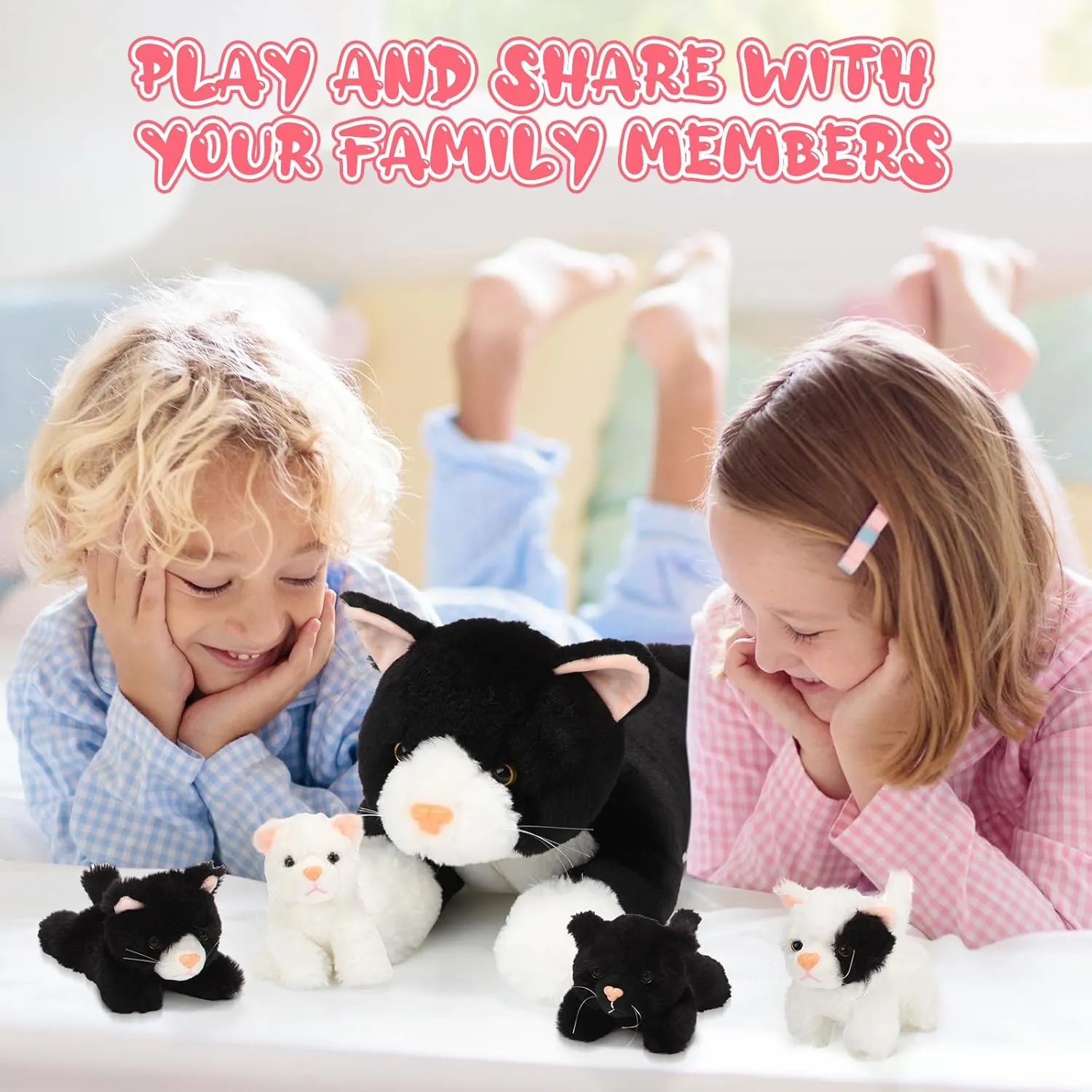 Skylety 5 Pieces Cat Stuffed Animal with Babies Inside Belly Pregnant Cat Plush Mommy Kitty with 4 Cute Fluffy Stuffed Kittens Easter Birthday Surprise Gifts(Black, White)