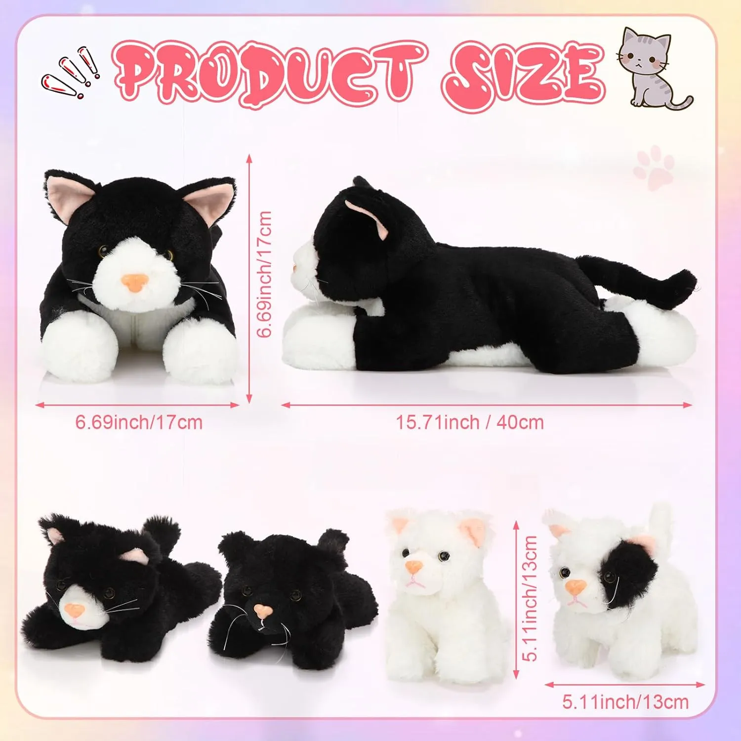 Skylety 5 Pieces Cat Stuffed Animal with Babies Inside Belly Pregnant Cat Plush Mommy Kitty with 4 Cute Fluffy Stuffed Kittens Easter Birthday Surprise Gifts(Black, White)