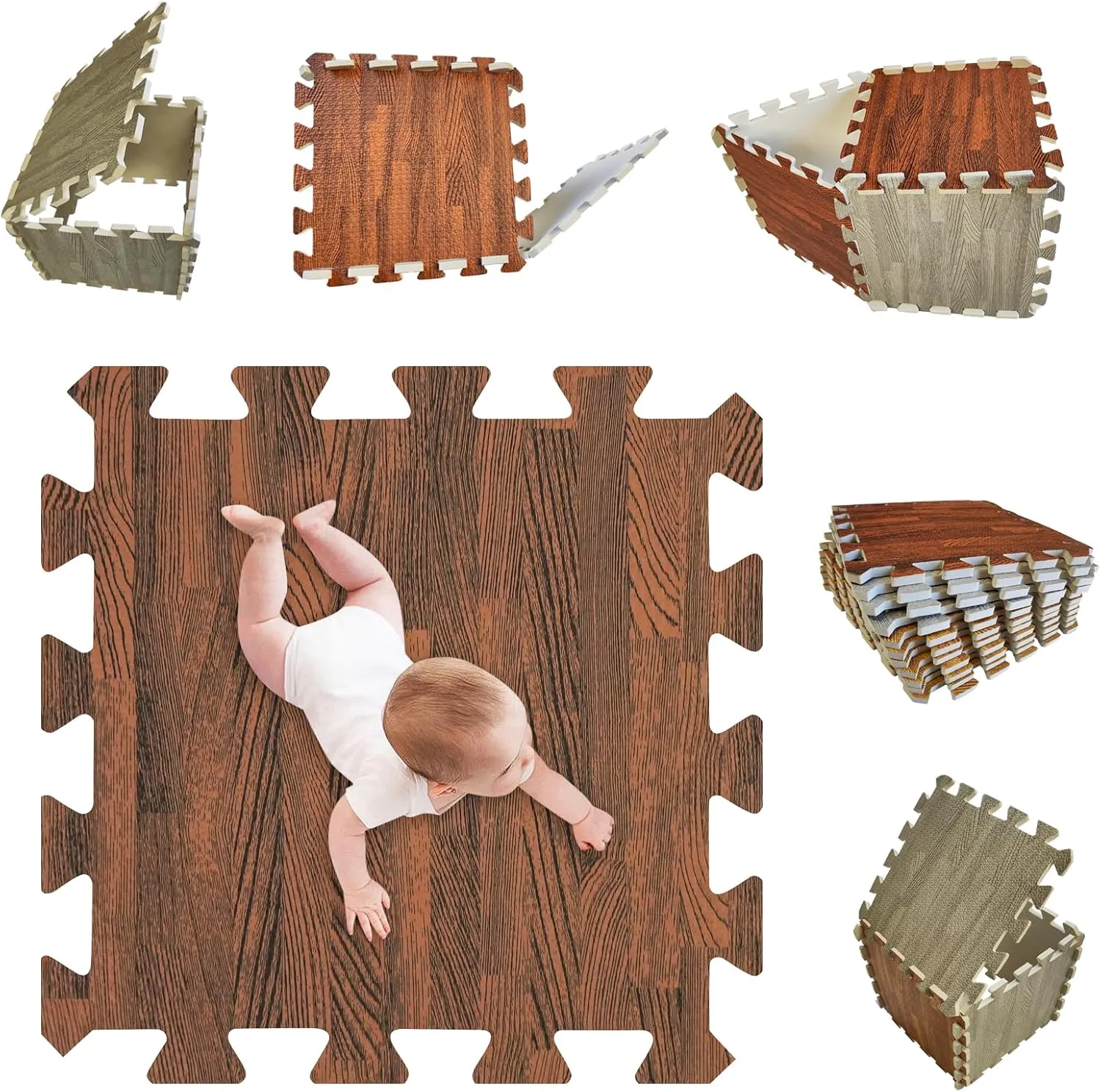 Skyweaver 12 Tiles Soft Non-Toxic Baby Play Mat for Floor EVA Foam Jigsaw Puzzle Play Mat, Interlocking Squares with 0.6inch for Babies, Toddlers & Kids Gym, Nursery, Playroom, Brown