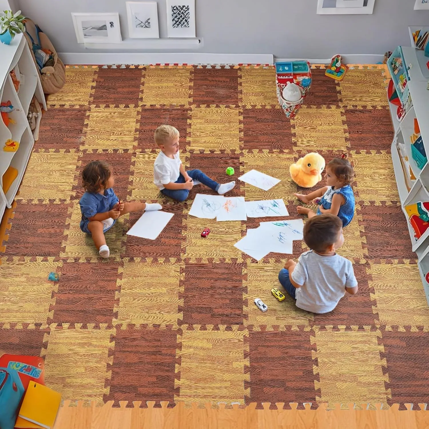 Skyweaver 12 Tiles Soft Non-Toxic Baby Play Mat for Floor EVA Foam Jigsaw Puzzle Play Mat, Interlocking Squares with 0.6inch for Babies, Toddlers & Kids Gym, Nursery, Playroom, Brown