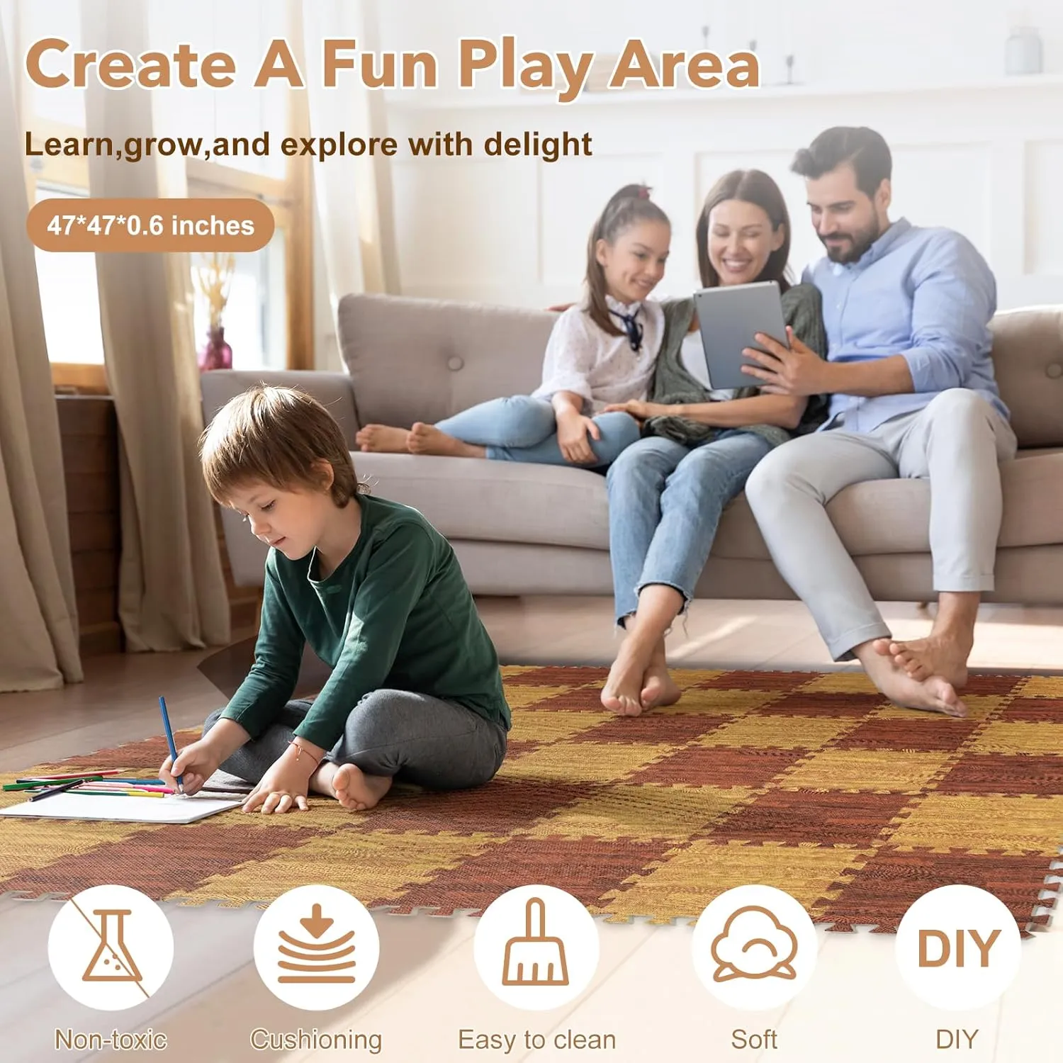 Skyweaver 12 Tiles Soft Non-Toxic Baby Play Mat for Floor EVA Foam Jigsaw Puzzle Play Mat, Interlocking Squares with 0.6inch for Babies, Toddlers & Kids Gym, Nursery, Playroom, Brown