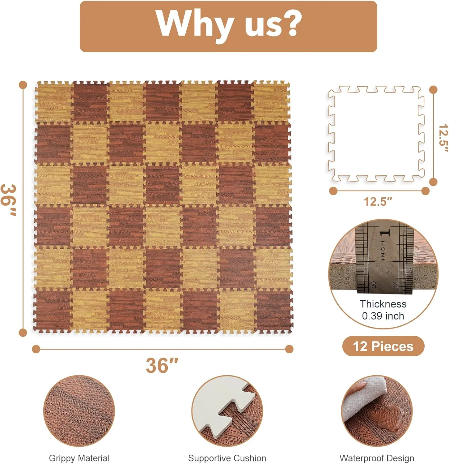 Skyweaver 12 Tiles Soft Non-Toxic Baby Play Mat for Floor EVA Foam Jigsaw Puzzle Play Mat, Interlocking Squares with 0.6inch for Babies, Toddlers & Kids Gym, Nursery, Playroom, Brown