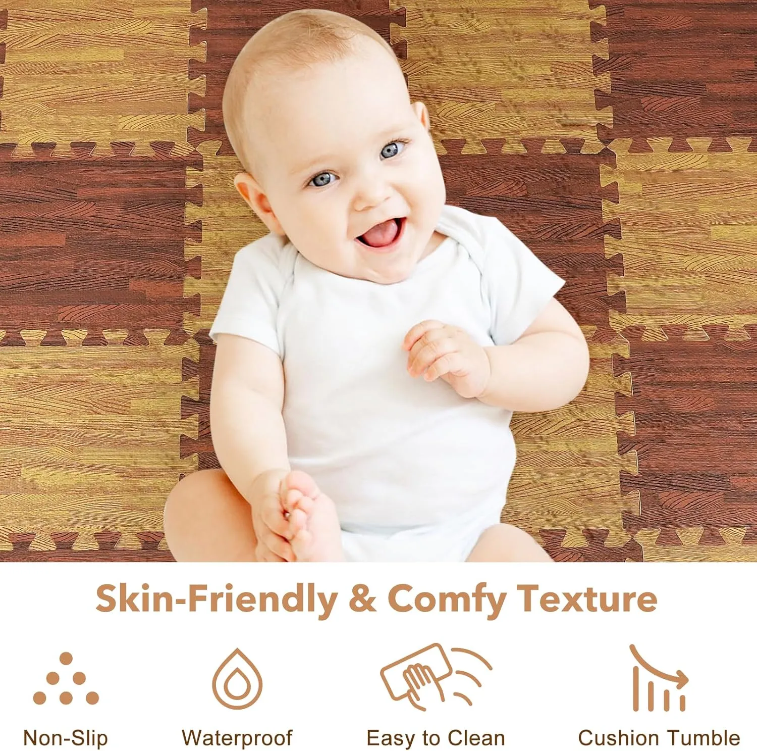Skyweaver 12 Tiles Soft Non-Toxic Baby Play Mat for Floor EVA Foam Jigsaw Puzzle Play Mat, Interlocking Squares with 0.6inch for Babies, Toddlers & Kids Gym, Nursery, Playroom, Brown
