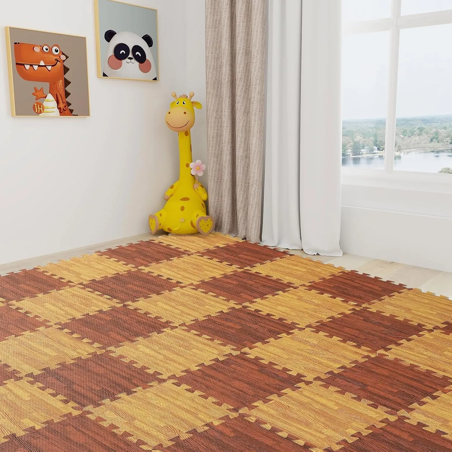 Skyweaver 12 Tiles Soft Non-Toxic Baby Play Mat for Floor EVA Foam Jigsaw Puzzle Play Mat, Interlocking Squares with 0.6inch for Babies, Toddlers & Kids Gym, Nursery, Playroom, Brown