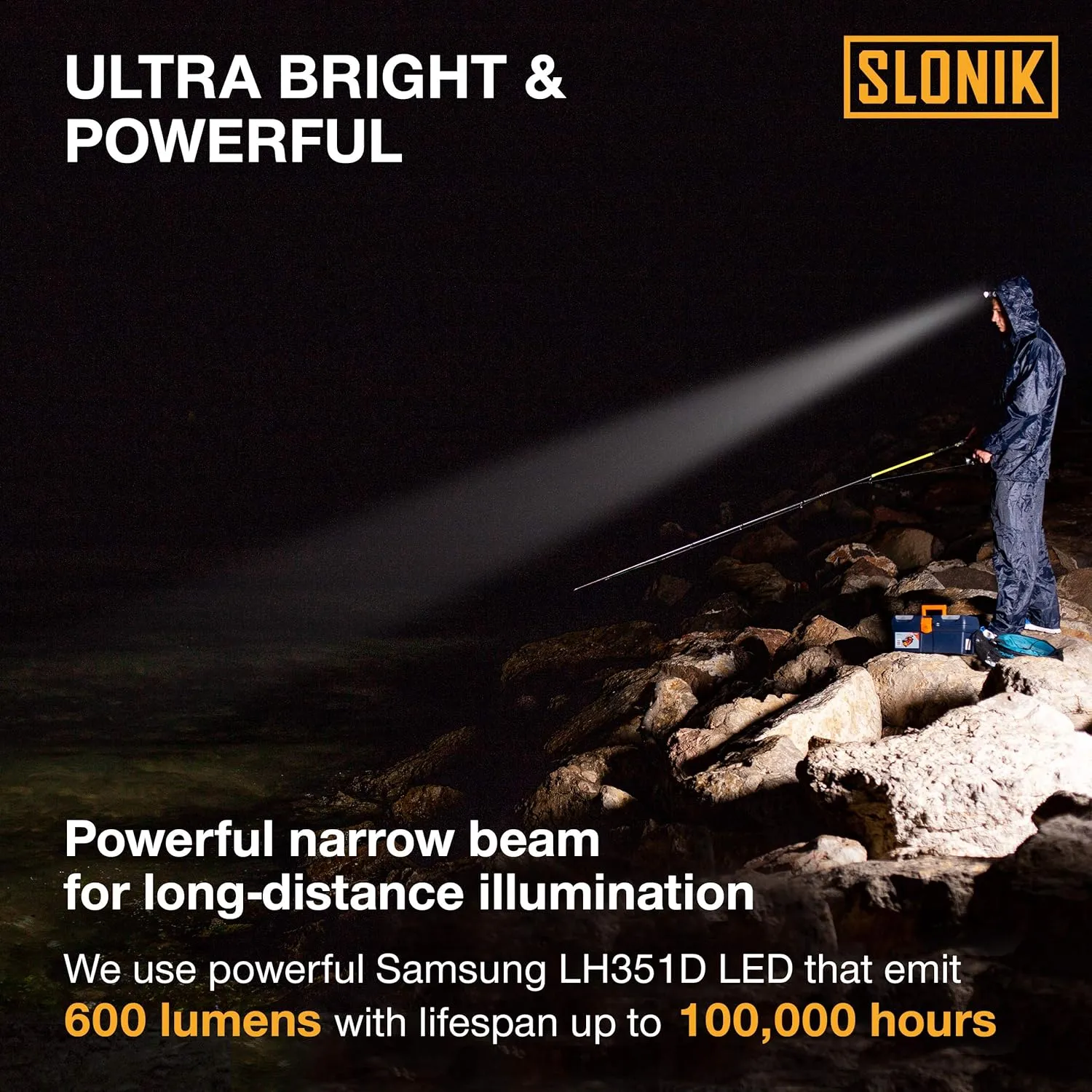 SLONIK 600 Lumens LED Headlamp Rechargeable with Head Strap – Ultra Bright Heavy-Duty Waterproof Headlamp for Adults - Hard Hat Light for Mechanics & Construction Workers - Running Lights for Runners