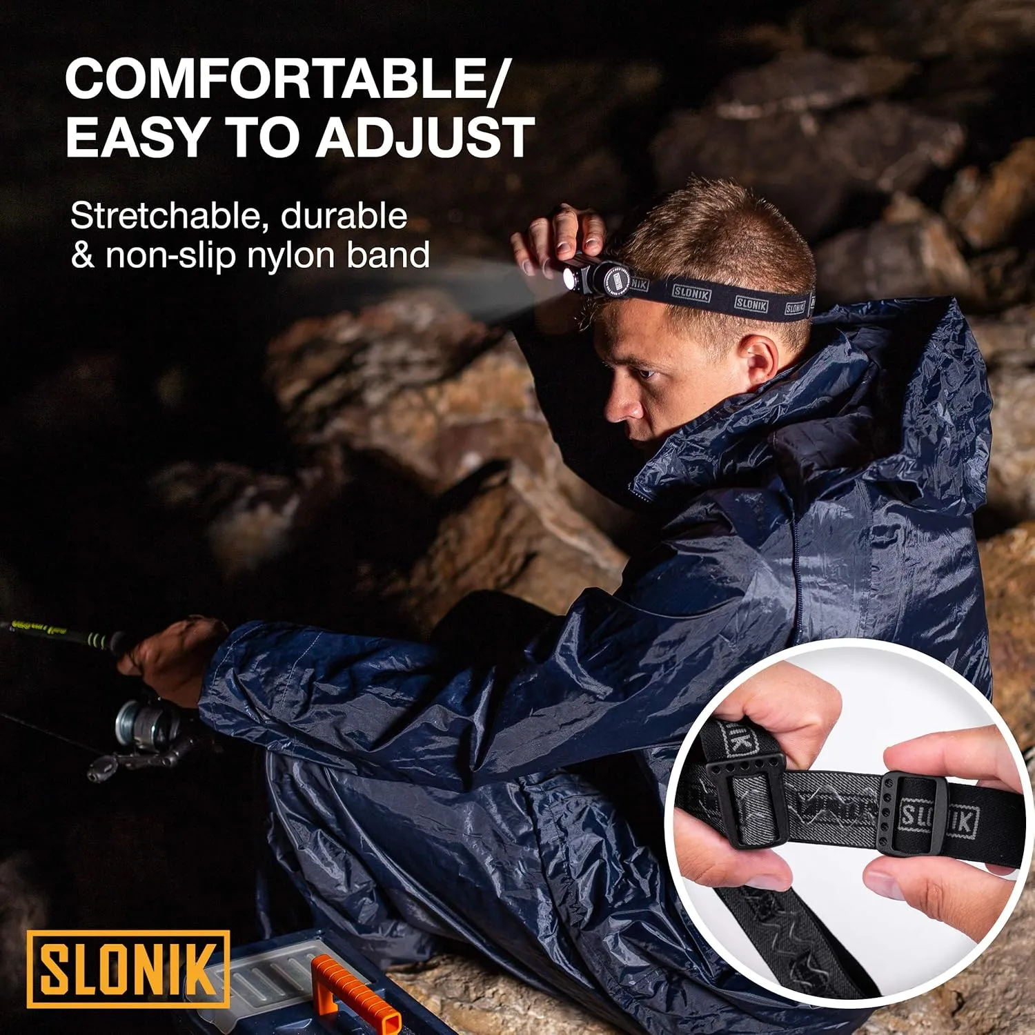SLONIK 600 Lumens LED Headlamp Rechargeable with Head Strap – Ultra Bright Heavy-Duty Waterproof Headlamp for Adults - Hard Hat Light for Mechanics & Construction Workers - Running Lights for Runners