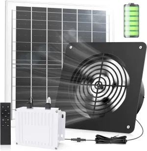 Solar Fan with Battery 21600mAh, with Remote Control Timer 1H 3H 6H, 25W Solar Powered Greenhouse Exhaust Intake Fan for Outside Chicken Coop Doghouses Shed Circulation Cooling Ventilation, Rainproof