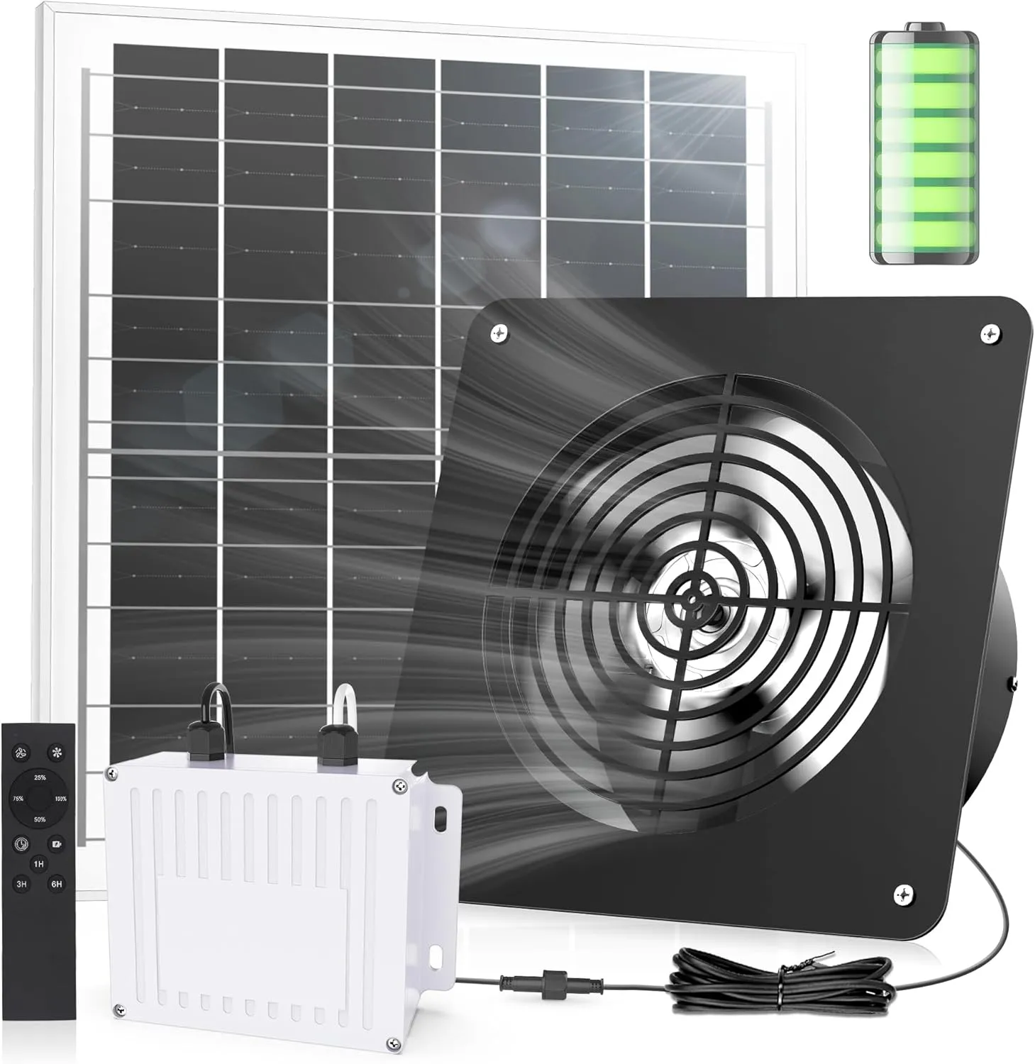 Solar Fan with Battery 21600mAh, with Remote Control Timer 1H 3H 6H, 25W Solar Powered Greenhouse Exhaust Intake Fan for Outside Chicken Coop Doghouses Shed Circulation Cooling Ventilation, Rainproof