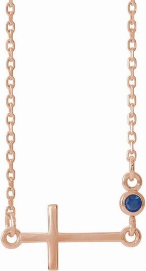 Solitaire Blue Sapphire Sideways Accented Cross Crucifix Charm Pendant Chain Necklace Adjustable 16" to 18" (14mm x 6.6mm)