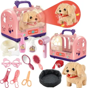 STAY GENT Stuffed Dog Robot Toy for Kids, 16Pcs Interactive Pet Care Toys with Pet Cage & Walking Dog Toy with Leash, Electronic Dog Grooming Toys Pretend Play Gifts for Girls 3 4 5 6 Years Old