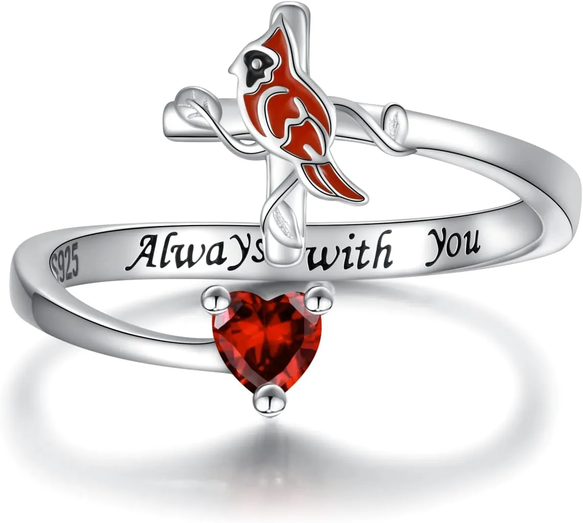 Sterling Silver Cardinal Cross Jewelry for Women: Red Bird Cardinal Cross Expandable Ring Pendant Necklace Memorial Jewelry Gift