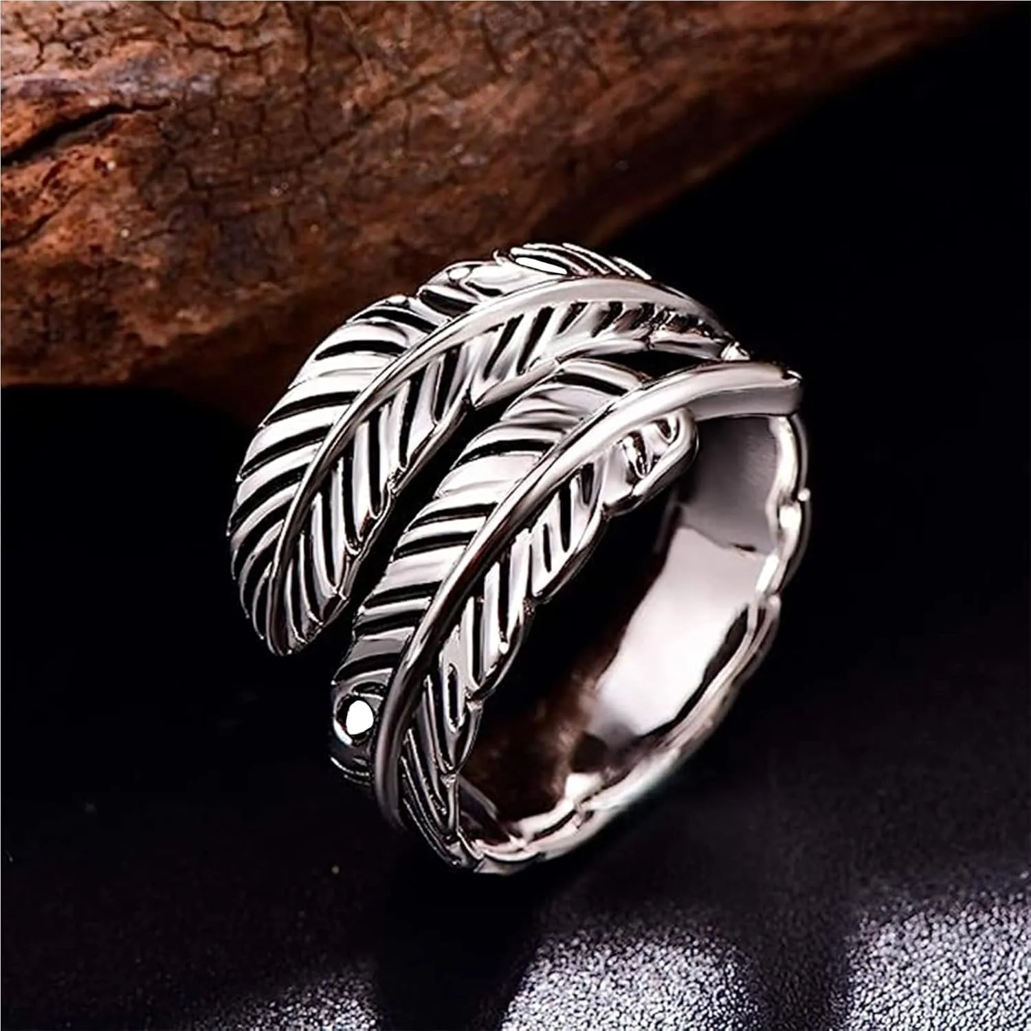 Sterling Silver Feather Ring with Black Onyx & Turquoise - Adjustable Stacking Vintage Statement Ring for Women & Men