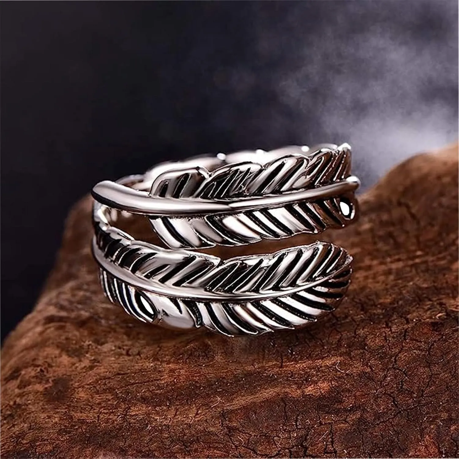 Sterling Silver Feather Ring with Black Onyx & Turquoise - Adjustable Stacking Vintage Statement Ring for Women & Men