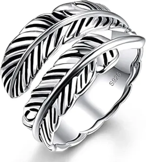 Sterling Silver Feather Ring with Black Onyx & Turquoise - Adjustable Stacking Vintage Statement Ring for Women & Men