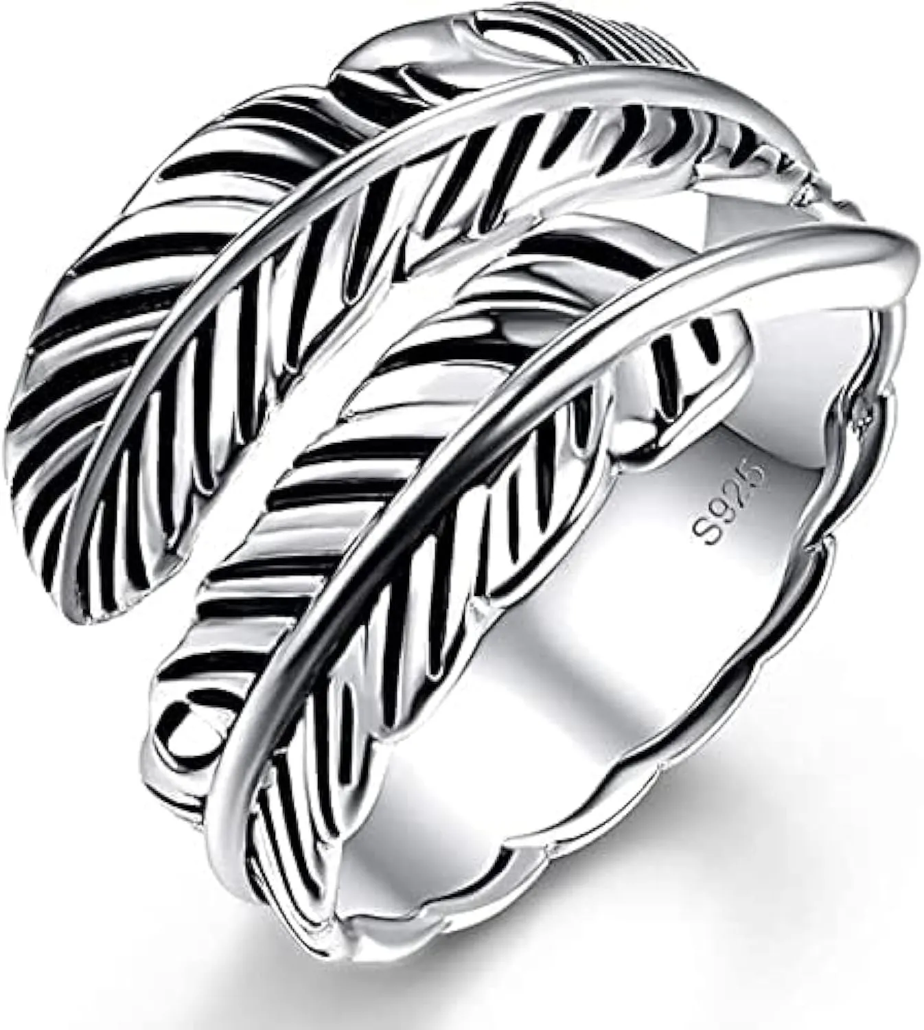 Sterling Silver Feather Ring with Black Onyx & Turquoise - Adjustable Stacking Vintage Statement Ring for Women & Men