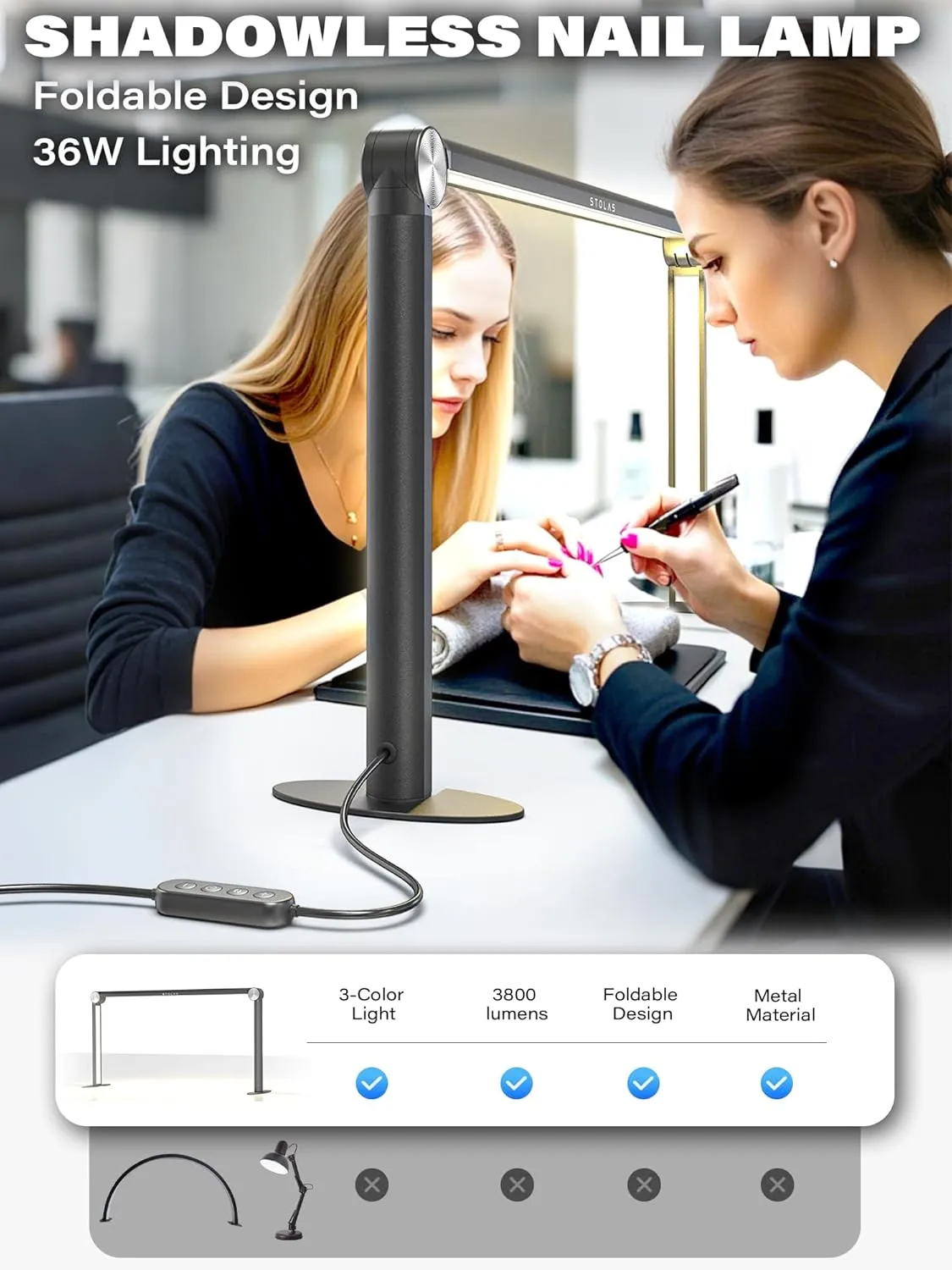 STOLAS Half Moon Light for Nail Desk with Phone Holder, 14 inch Height 3 Modes 3000K-6000K Dimmable LED Light, Desk Lamp for Nail Tech (Black)