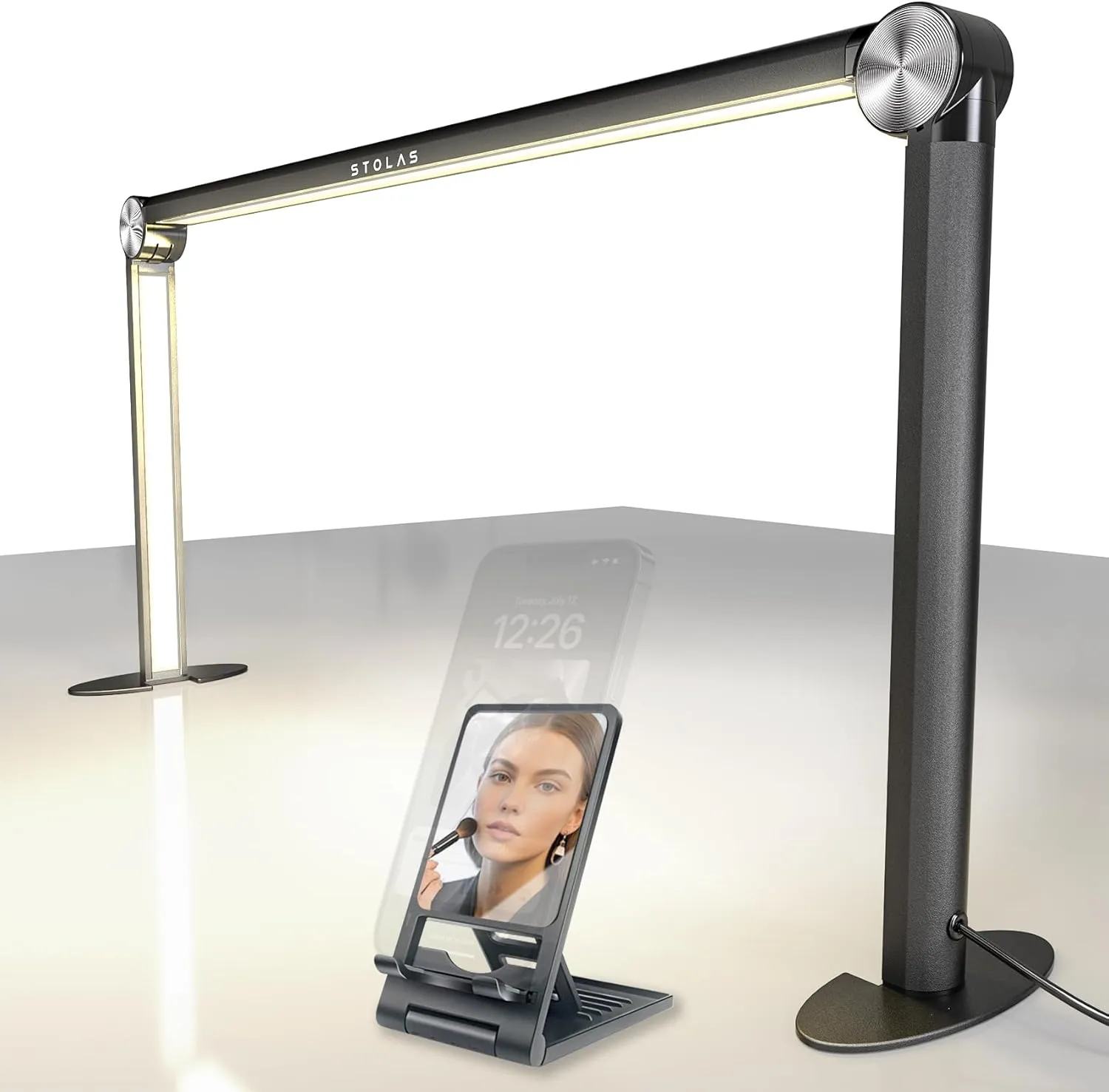 STOLAS Half Moon Light for Nail Desk with Phone Holder, 14 inch Height 3 Modes 3000K-6000K Dimmable LED Light, Desk Lamp for Nail Tech (Black)