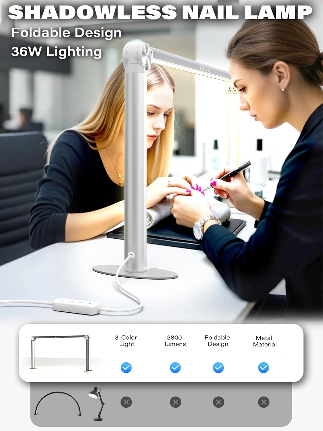 STOLAS Half Moon Light for Nail Desk with Phone Holder, 14 inch Height 3 Modes 3000K-6000K Dimmable LED Light, Desk Lamp for Nail Tech (Silver)