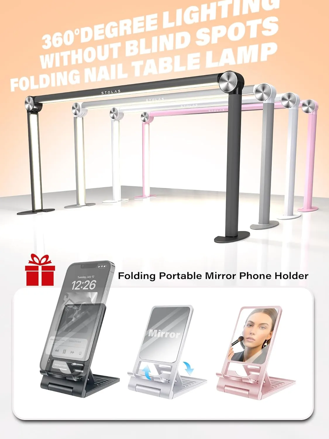 STOLAS Half Moon Light for Nail Desk with Phone Holder, 14 inch Height 3 Modes 3000K-6000K Dimmable LED Light, Desk Lamp for Nail Tech (Silver)