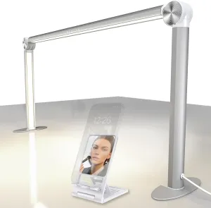 STOLAS Half Moon Light for Nail Desk with Phone Holder, 14 inch Height 3 Modes 3000K-6000K Dimmable LED Light, Desk Lamp for Nail Tech (Silver)