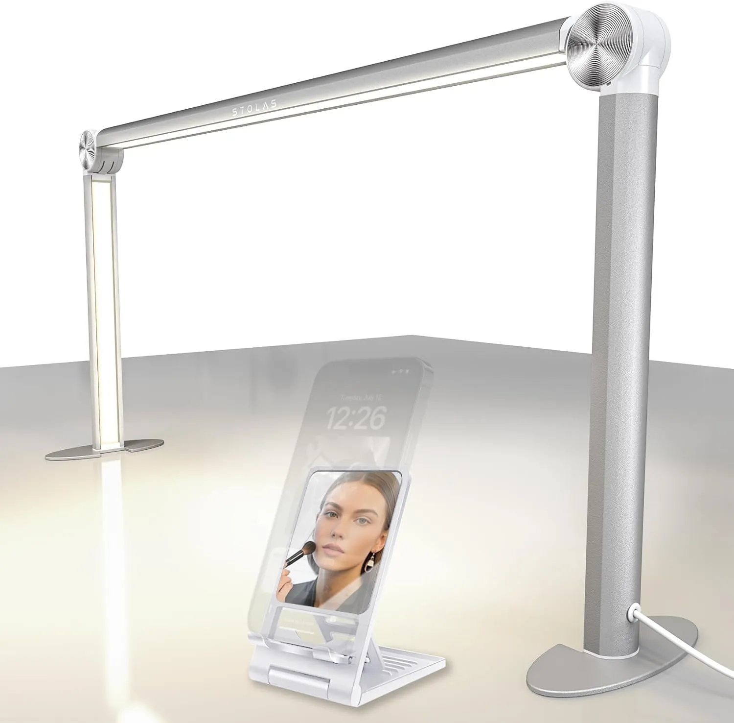STOLAS Half Moon Light for Nail Desk with Phone Holder, 14 inch Height 3 Modes 3000K-6000K Dimmable LED Light, Desk Lamp for Nail Tech (Silver)