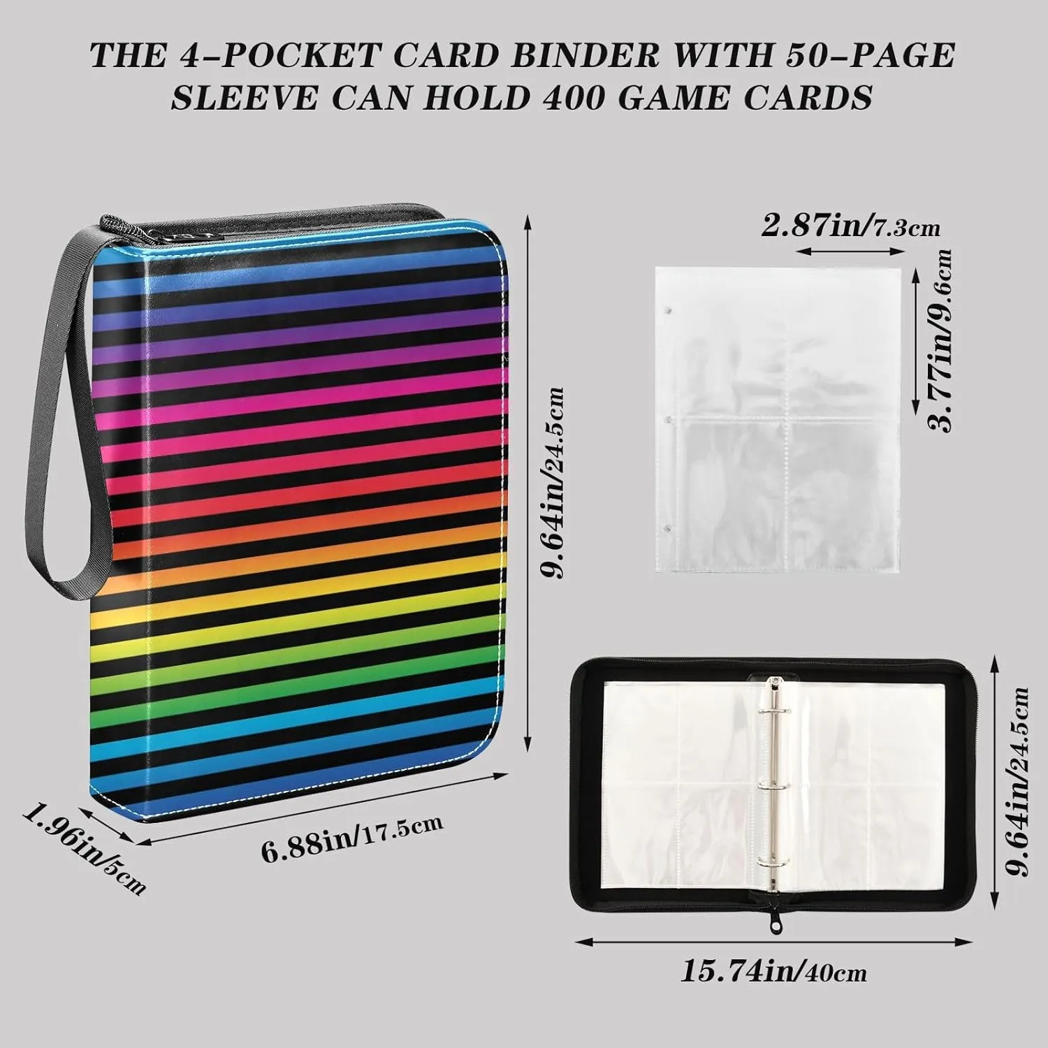 Stripe Colorful Card Binder 400 Pockets Trading Card Binder with 50 Removable Pages，3 Rings Trading Card 4 Pocket Album Folder for Game Cards TCG