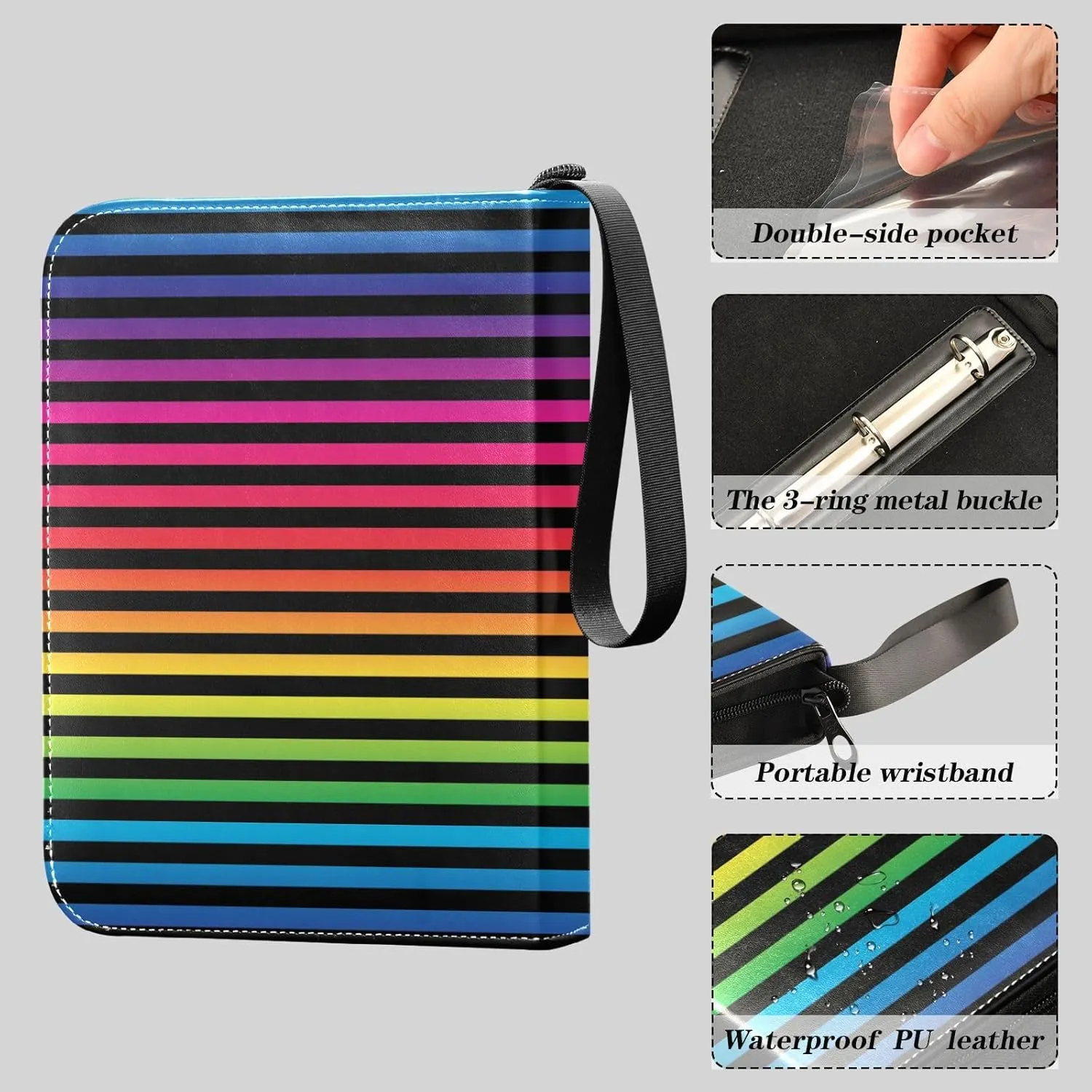 Stripe Colorful Card Binder 400 Pockets Trading Card Binder with 50 Removable Pages，3 Rings Trading Card 4 Pocket Album Folder for Game Cards TCG