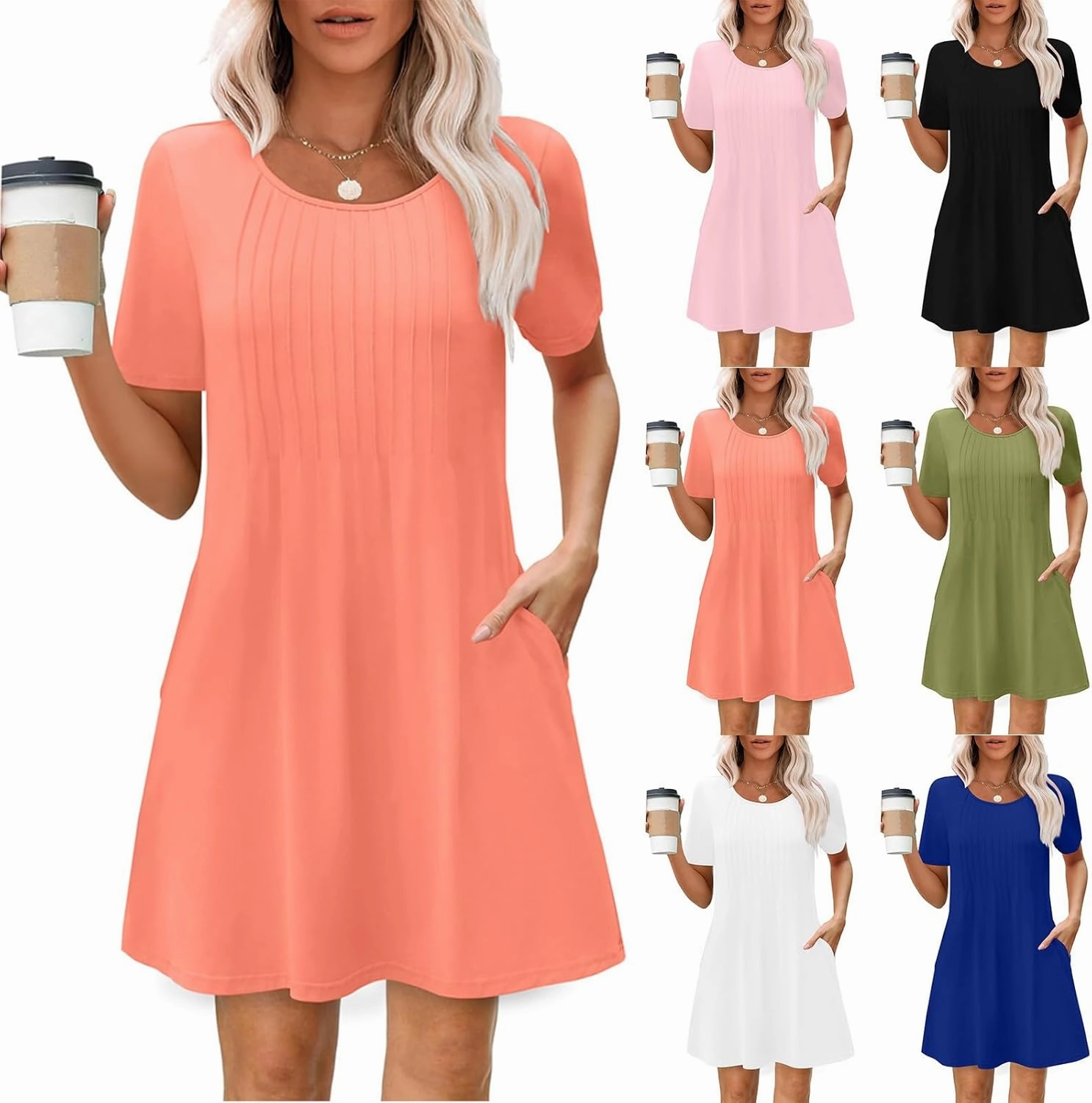 Summer Dresses for Women 2025 Pleated Short Sleeve Crewneck Womens Dresses Plain Casual Beach Dress with Pockets