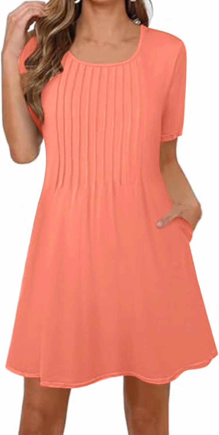 Summer Dresses for Women 2025 Pleated Short Sleeve Crewneck Womens Dresses Plain Casual Beach Dress with Pockets