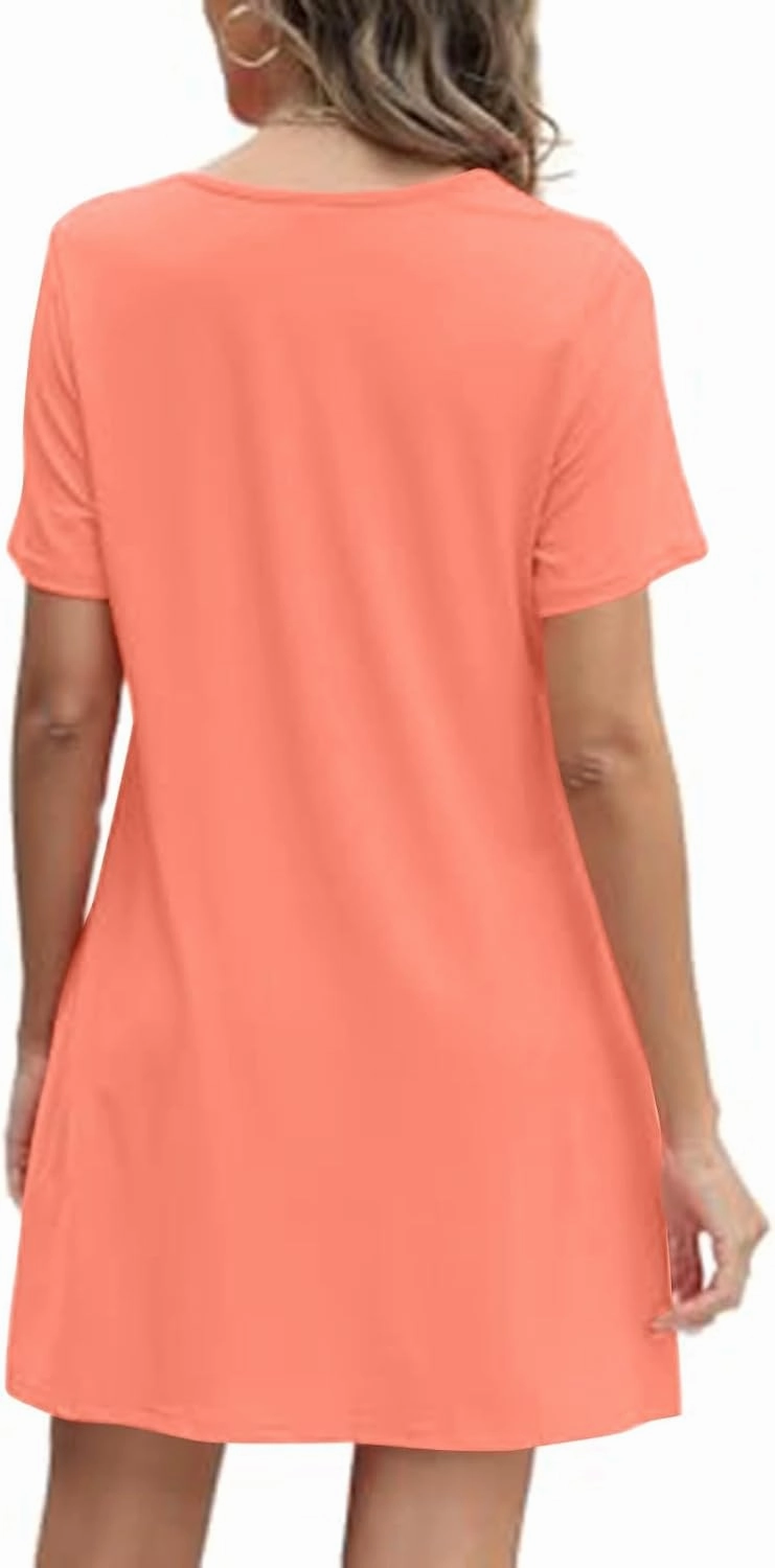 Summer Dresses for Women 2025 Pleated Short Sleeve Crewneck Womens Dresses Plain Casual Beach Dress with Pockets