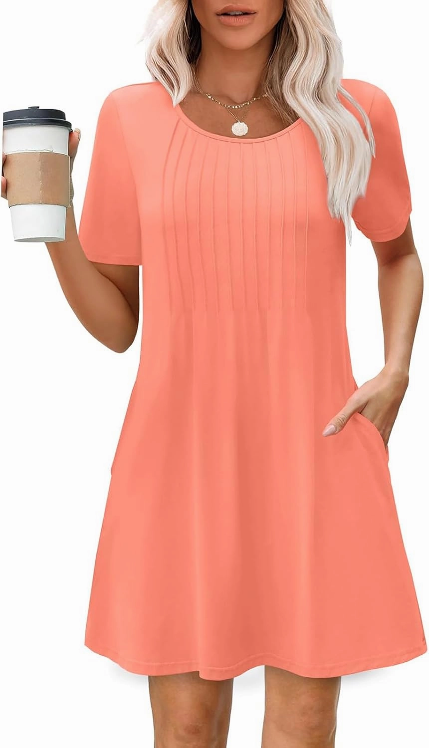 Summer Dresses for Women 2025 Pleated Short Sleeve Crewneck Womens Dresses Plain Casual Beach Dress with Pockets
