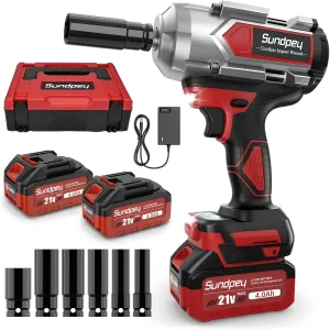 Sundpey Cordless Impact Wrench 900Ft-lbs(1200N·m) - 1/2 Inch Brushless Impact Driver with 2 * 4.0Ah Battery - 21V 2600RPM High Torque Impact Gun for Car Truck with Fast Charger & 6 Sockets & Case