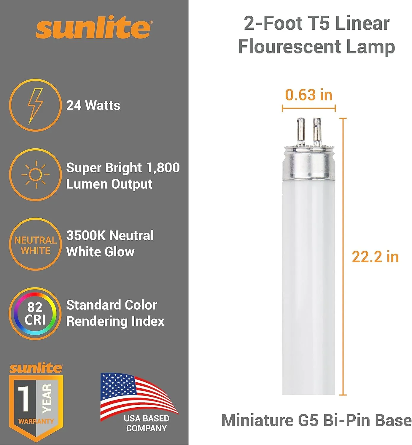 Sunlite 30405 F24T5/835/HO 2 Foot T5 Linear Fluorescent Lamp, 24 Watts, 1800 Lumens, 3500K Neutral White, Miniature G5 Bi-Pin Base, ROHS Compliant, High Performance Straight Tube, 40 Pack