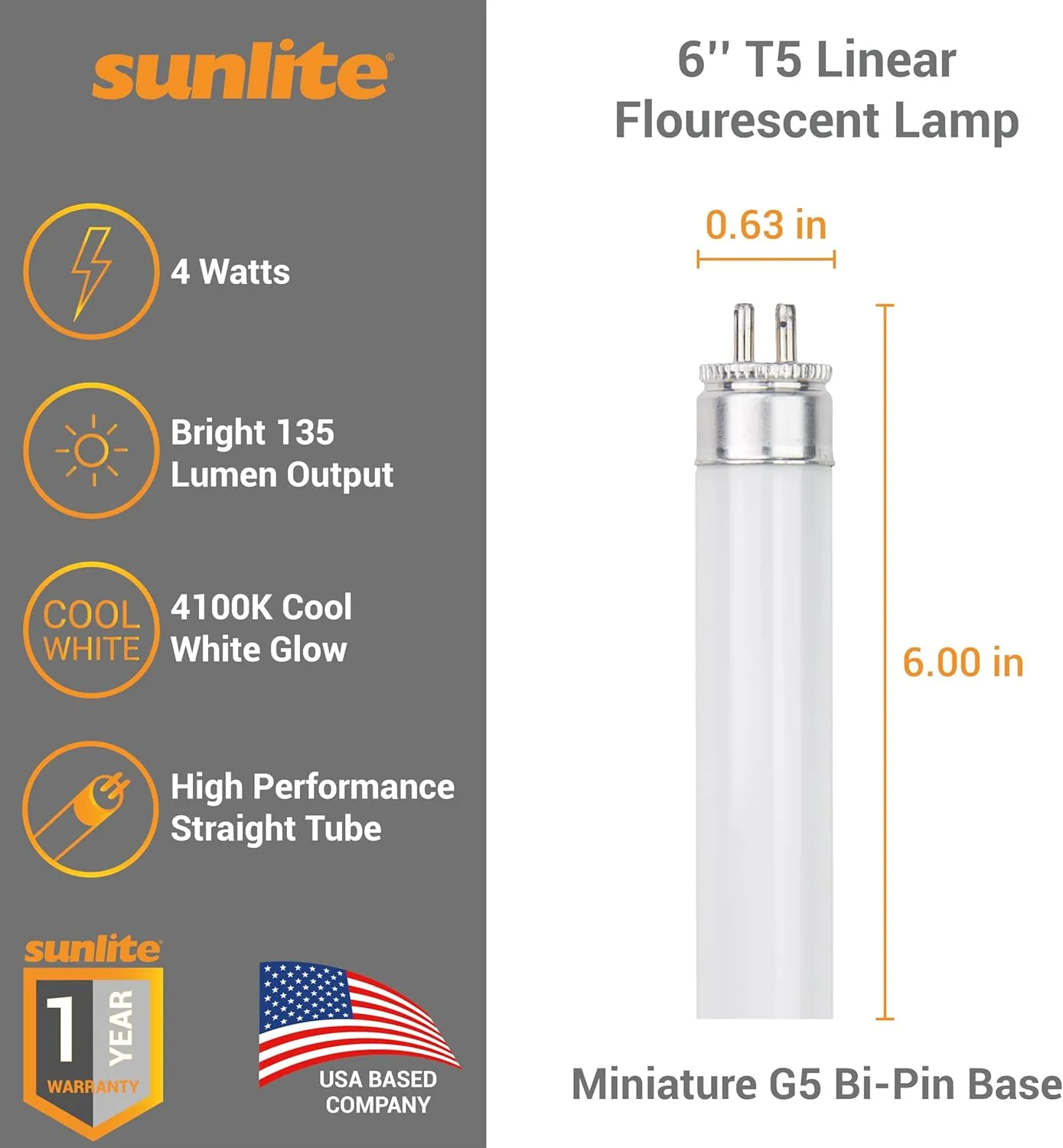 Sunlite 6-Inch F4T5/CW T5 Linear Fluorescent Lamp, 4 Watts, 135 Lumens, 4100K Cool White, Miniature G5 Bi-Pin Base, ROHS Compliant, High Performance Straight Tube, 10 Pack