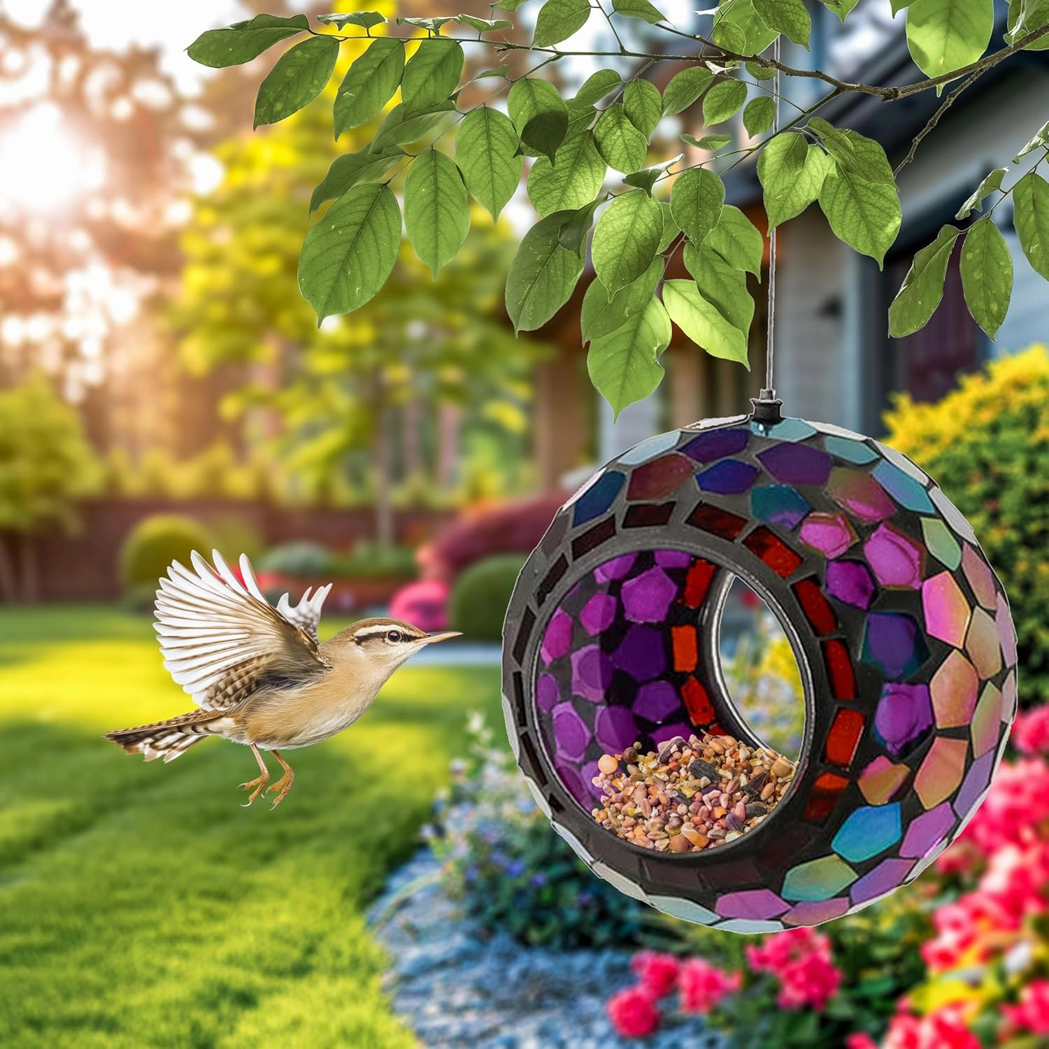 Sunnydaze 6-Inch Glass Mosaic Hanging Bird Feeder for Outdoors - Fly-Through Wild Bird Feeder - Purple